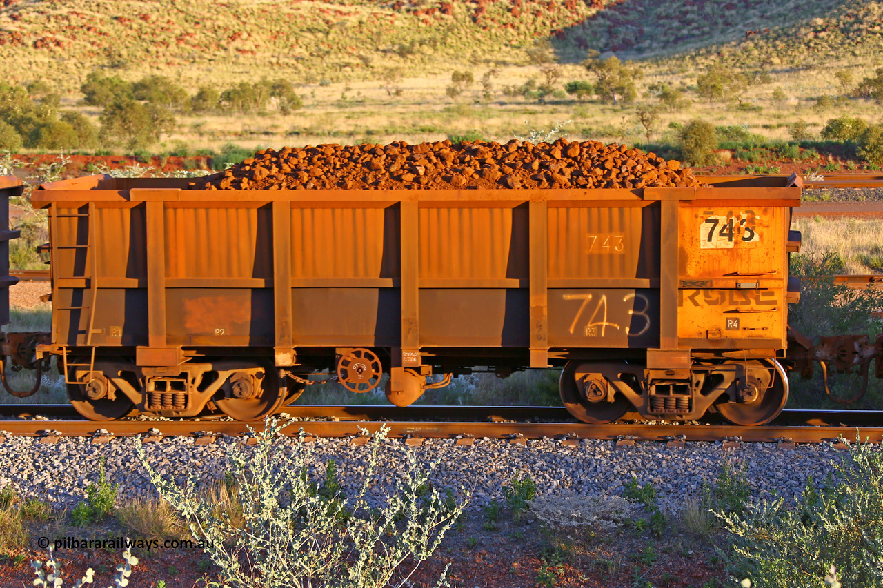 0743 170513 8753
Robe River ore waggon 743, built by Tomlinson Steel WA, rotary coupler end handbrake side loaded view, Cape Lambert yard, May 13, 2017.
Keywords: 743;Tomlinson-Steel-WA;Robe-ore-waggon;