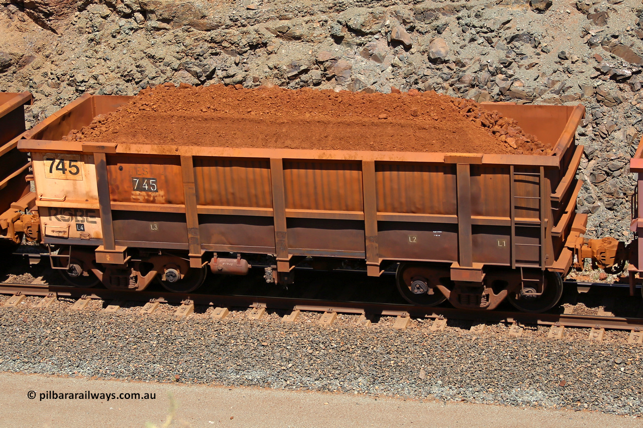 0745 160306 1629
Robe River ore waggon 745, built by Tomlinson Steel WA, fixed coupler non-handbrake side loaded view, stencil says TEST 4, at the 45 km, Harding Siding on the Cape Lambert line. March 6, 2016.
Keywords: 745;Tomlinson-Steel-WA;Robe-ore-waggon;