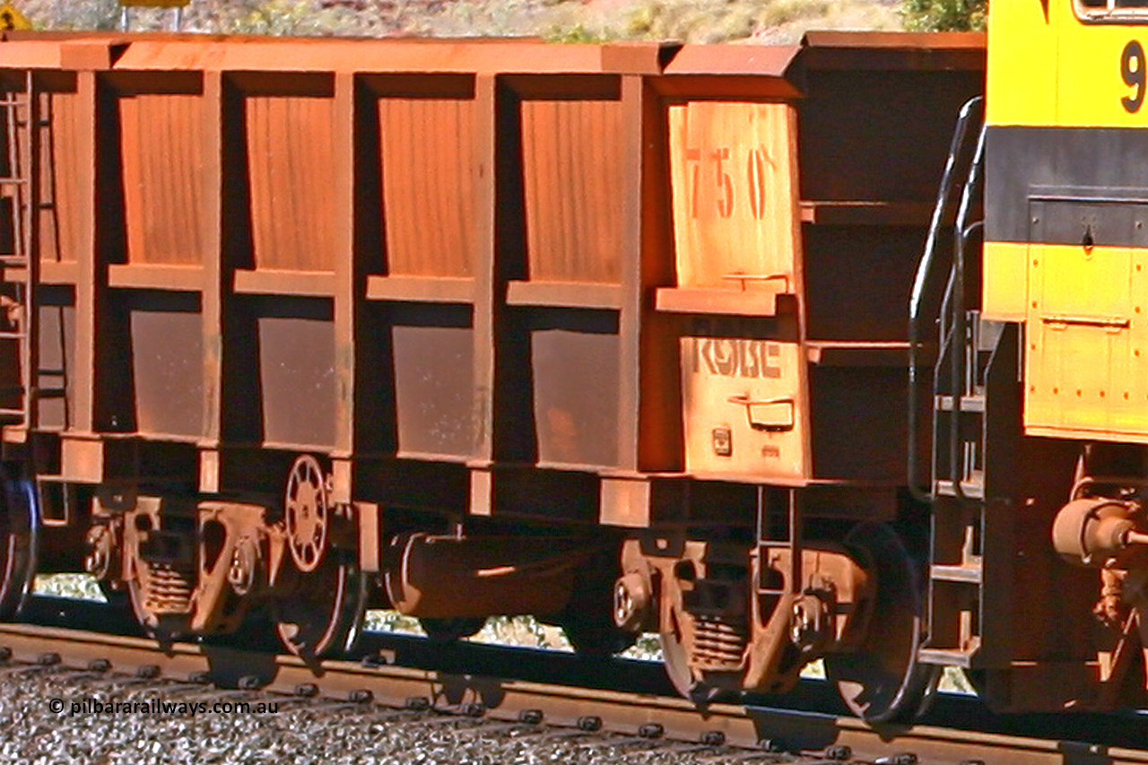 0750 060724 7914
Robe River ore waggon 750, built by Tomlinson Steel WA, fixed coupler handbrake side empty view at the 74 km, Western Creek on the Deepdale line. July 24, 2006.
Keywords: 750;Tomlinson-Steel-WA;Robe-ore-waggon;