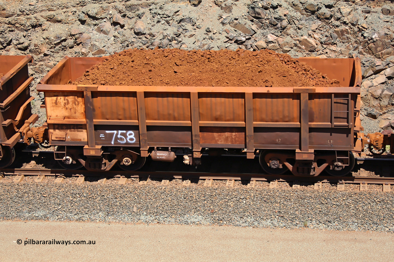 0758 160306 1526
Robe River ore waggon 758, built by Centurion Industries WA, fixed coupler non-handbrake side loaded view, at the 45 km, Harding Siding on the Cape Lambert line. March 6, 2016.
Keywords: 758;Centurion-Industries-WA;Robe-ore-waggon;