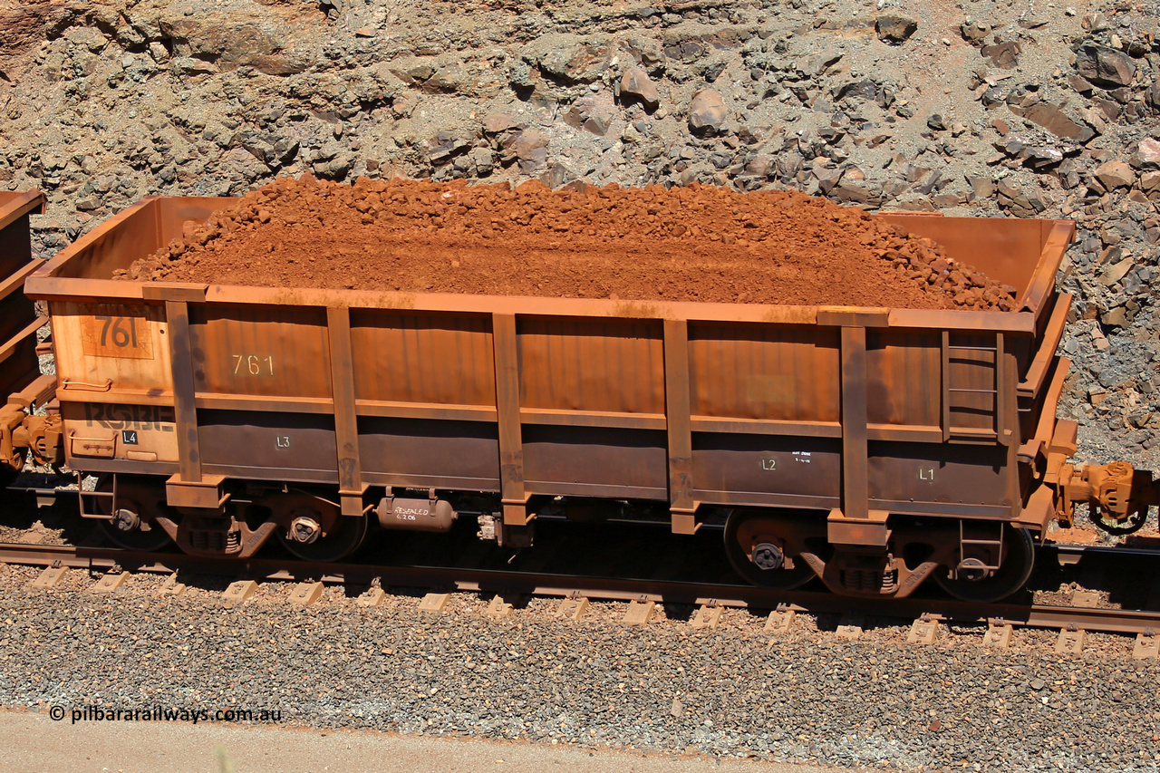 0761 160306 1621
Robe River ore waggon 761, built by Centurion Industries WA, fixed coupler non-handbrake side loaded view, at the 45 km, Harding Siding on the Cape Lambert line. March 6, 2016.
Keywords: 761;Centurion-Industries-WA;Robe-ore-waggon;