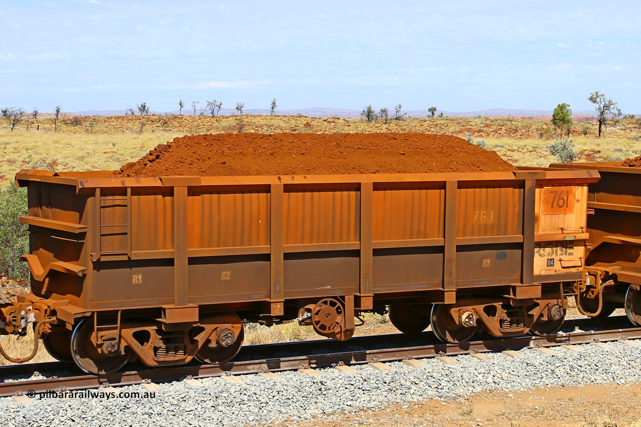 0761 170729 0254
Robe River ore waggon 761, built by Centurion Industries WA, fixed coupler handbrake side loaded view at the 103 km, between Maitland Siding and the Fortescue River on the Deepdale line. July 29, 2017.
Keywords: 761;Centurion-Industries-WA;Robe-ore-waggon;