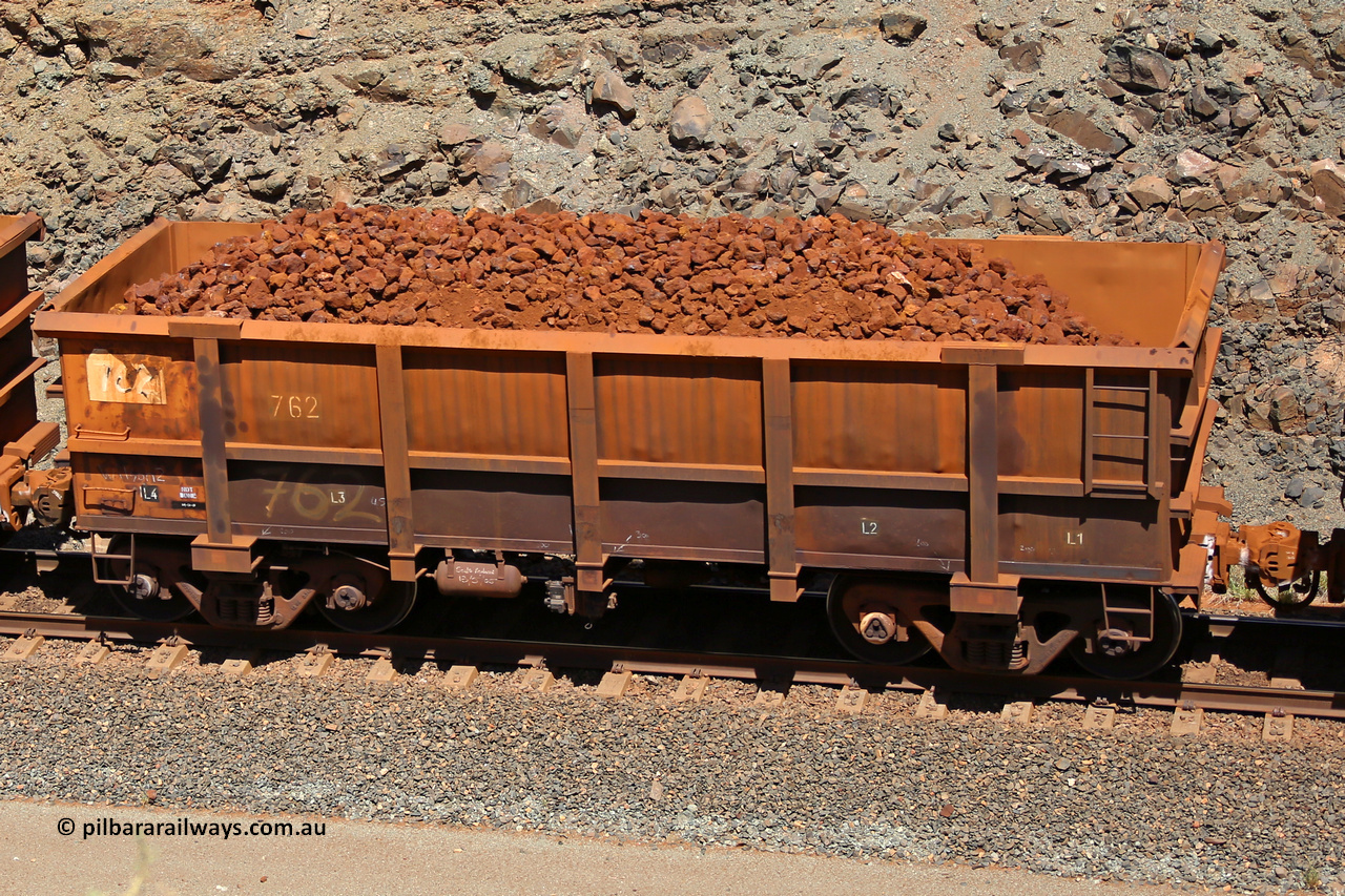 0762 160306 1658
Robe River ore waggon 762, built by Centurion Industries WA, fixed coupler non-handbrake side loaded view, at the 45 km, Harding Siding on the Cape Lambert line. March 6, 2016.
Keywords: 762;Centurion-Industries-WA;Robe-ore-waggon;