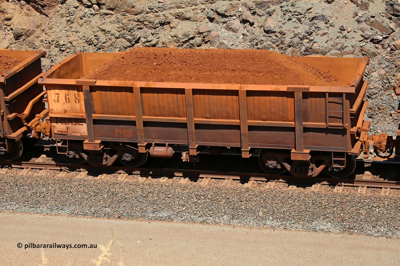 0768 160306 1652
Robe River ore waggon 768, built by Centurion Industries WA, fixed coupler non-handbrake side loaded view, at the 45 km, Harding Siding on the Cape Lambert line. March 6, 2016.
Keywords: 768;Centurion-Industries-WA;Robe-ore-waggon;
