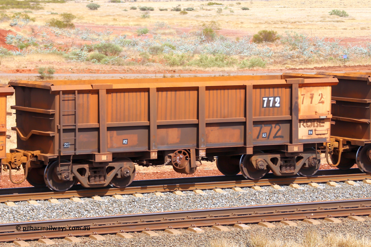 0772 141124 6783
Robe River ore waggon 772, built by Centurion Industries WA, fixed coupler handbrake side empty view at the 25 km at Arches Siding on the Cape Lambert line. November 24, 2014.
Keywords: 772;Centurion-Industries-WA;Robe-ore-waggon;