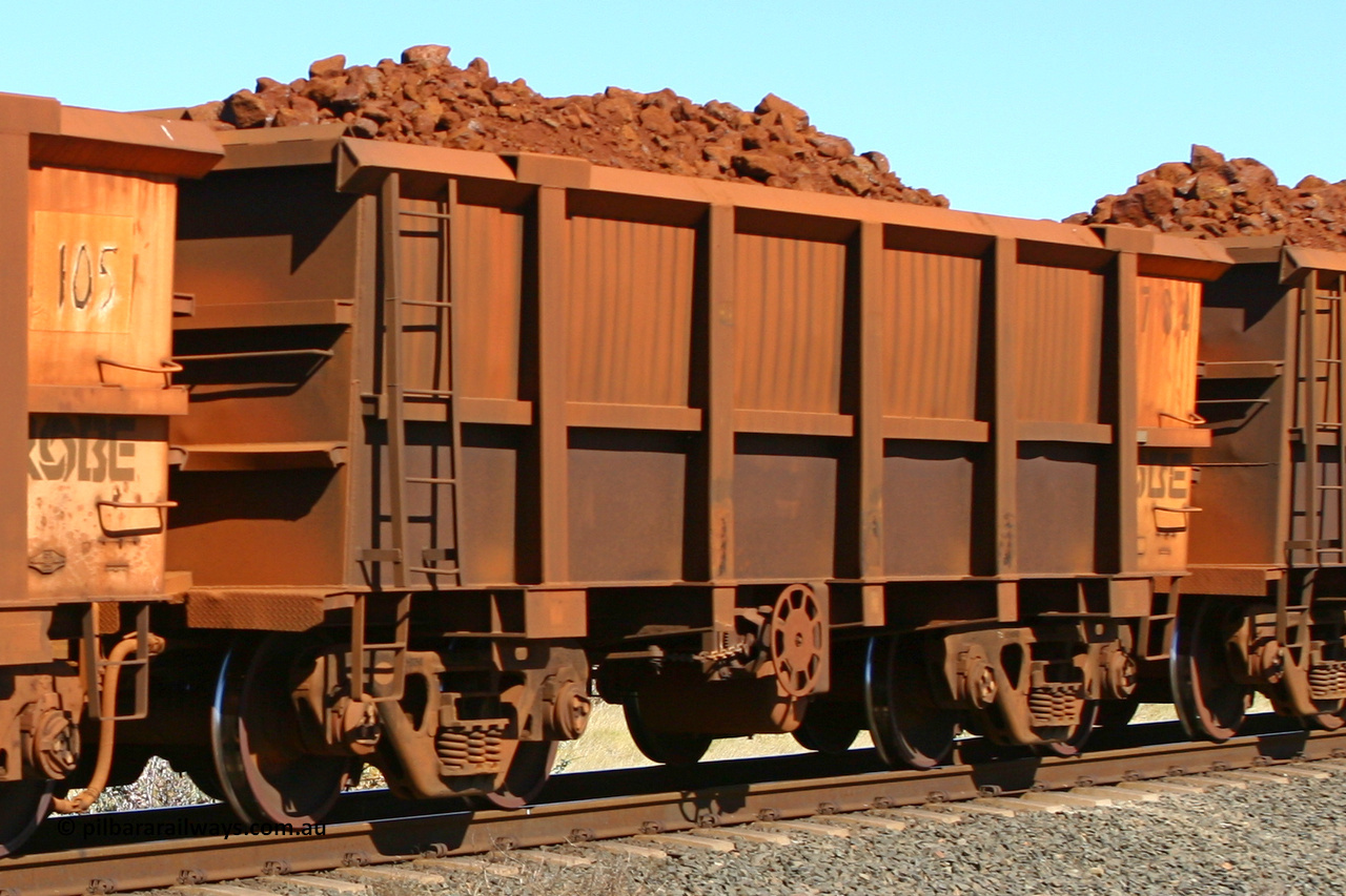 0784 060716 7197
Robe River ore waggon 784, built by Centurion Industries WA, fixed coupler end handbrake side loaded. Western Creek, July 16, 2006.
Keywords: 784;Centurion-Industries-WA;Robe-ore-waggon;