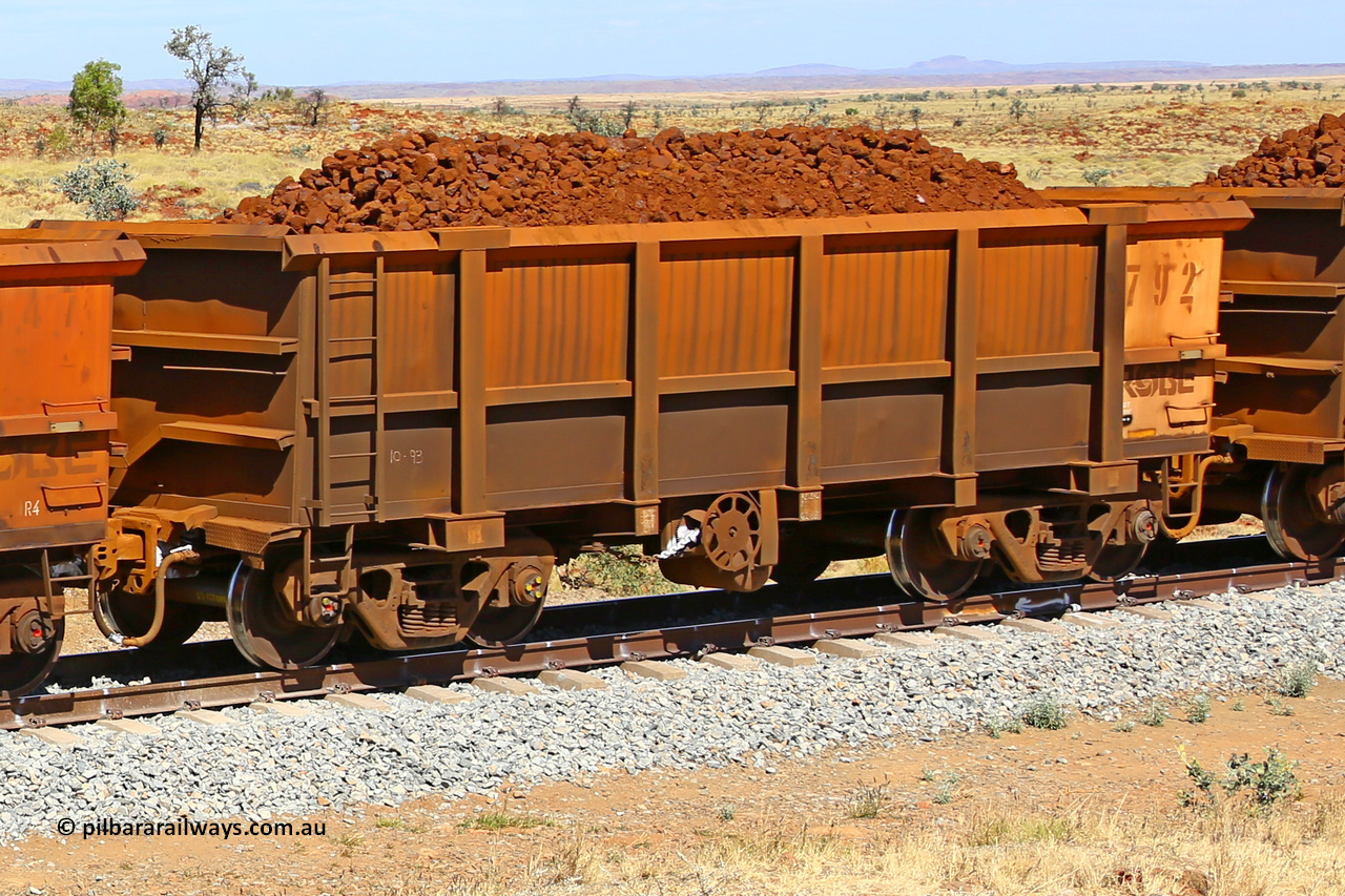 0792 170729 0197
Robe River ore waggon 792, built by Centurion Industries WA, fixed coupler handbrake side loaded view at the 103 km, between Maitland Siding and the Fortescue River on the Deepdale line. July 29, 2017.
Keywords: 792;Centurion-Industries-WA;Robe-ore-waggon;