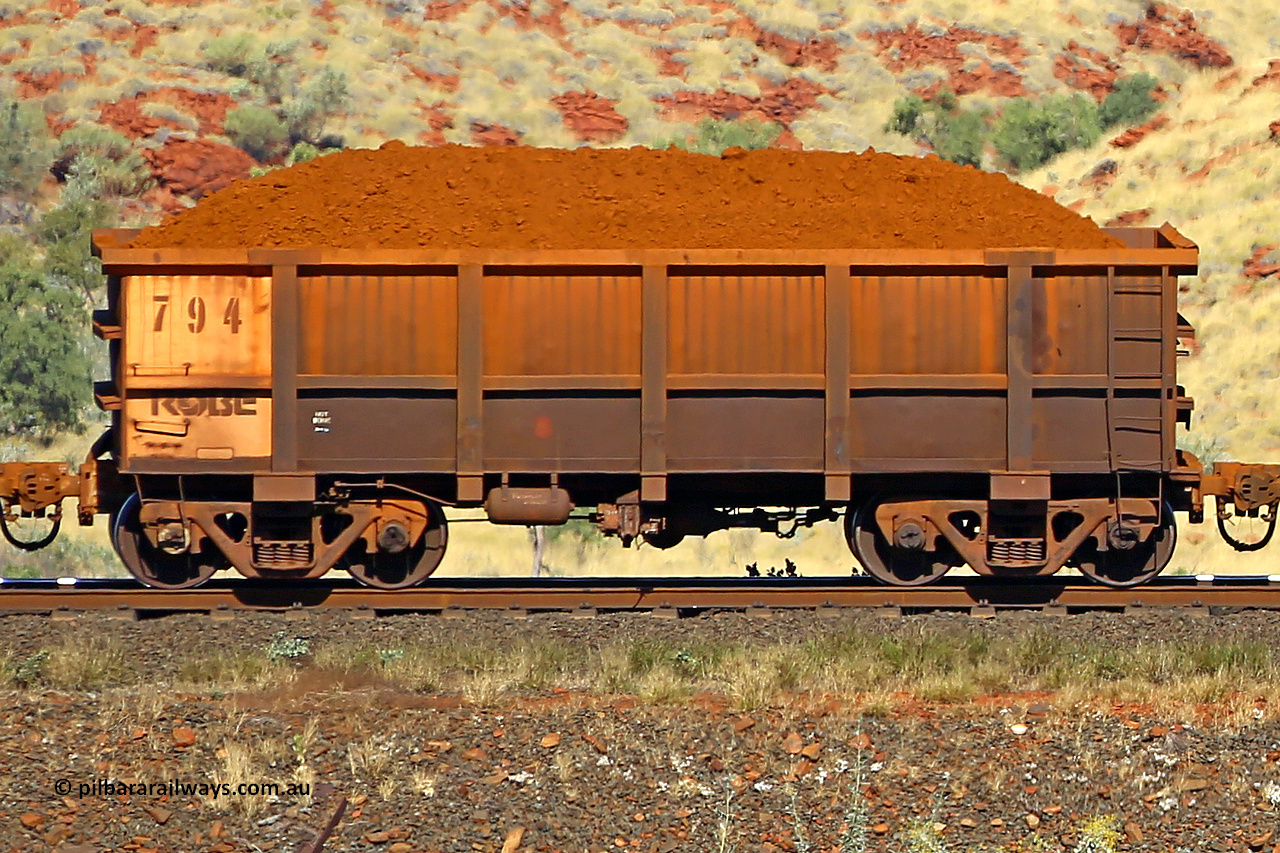 0794 170728 09941
Robe River ore waggon 794, built by Centurion Industries WA, non-handbrake side loaded view at the 72 km, Western Creek on the Deepdale line. July 28, 2017.
Keywords: 794;Centurion-Industries-WA;Robe-ore-waggon;