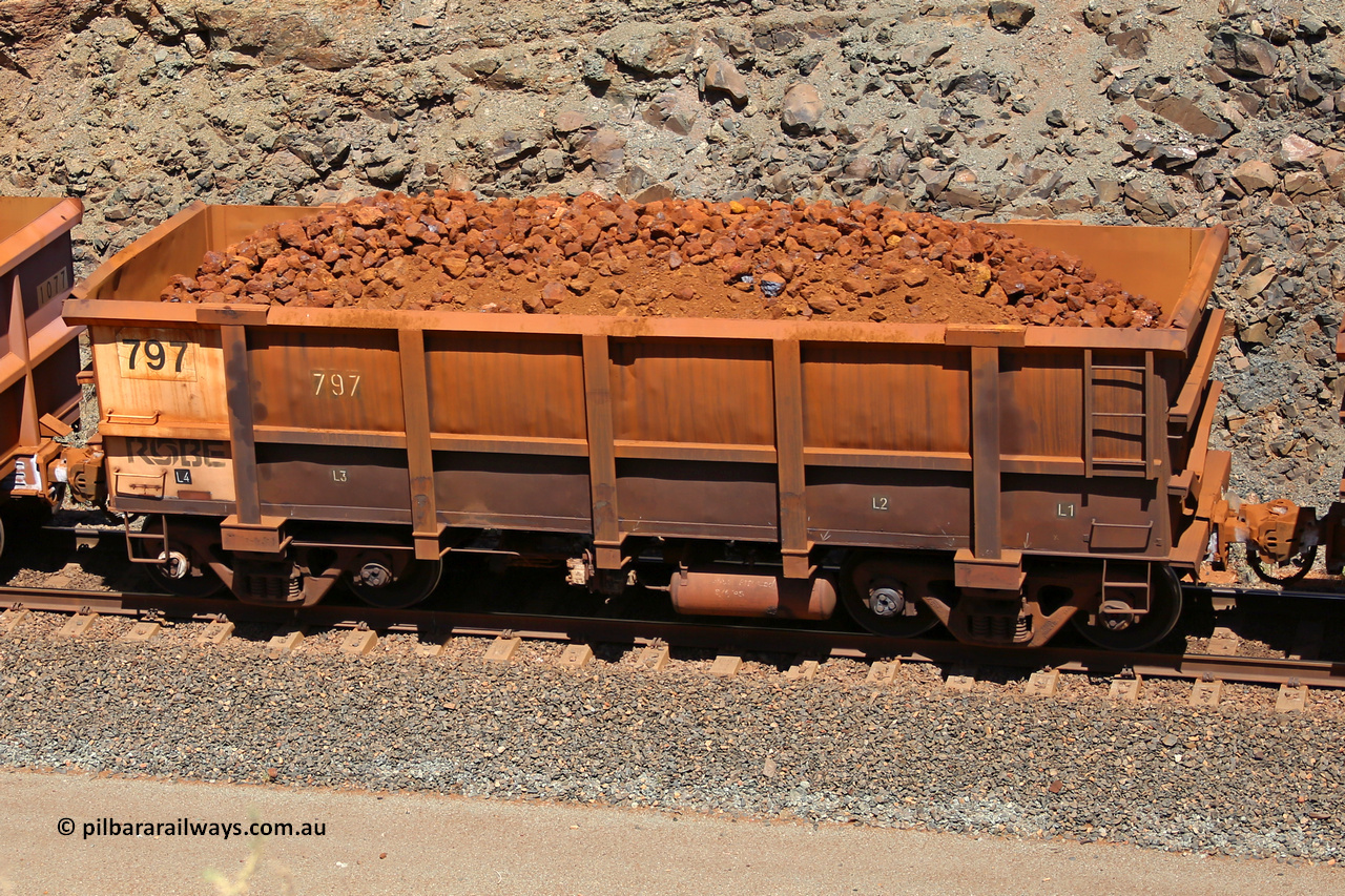 0797 160306 1661
Robe River ore waggon 797, built by Centurion Industries WA, fixed coupler non-handbrake side loaded view, at the 45 km, Harding Siding on the Cape Lambert line. March 6, 2016.
Keywords: 797;Centurion-Industries-WA;Robe-ore-waggon;