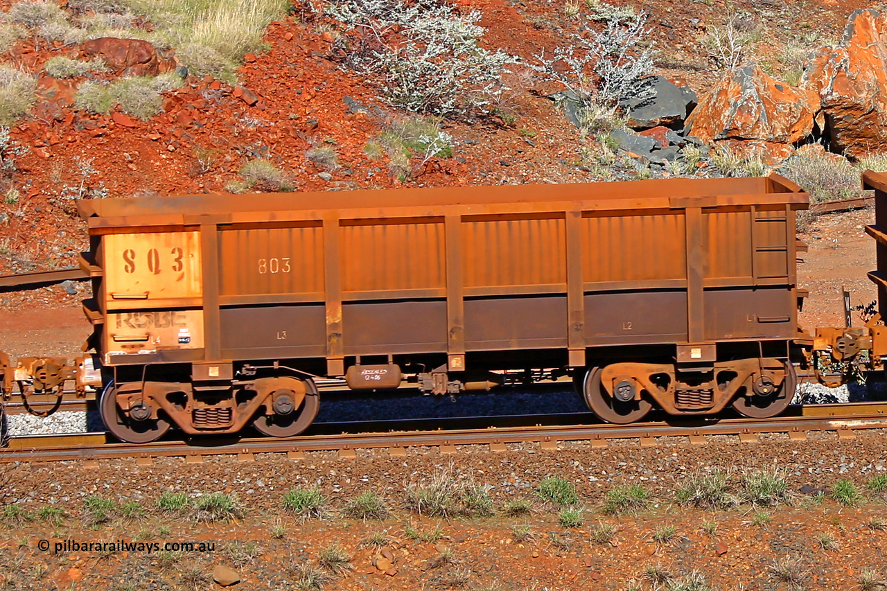0803 180616 1740
Robe River ore waggon 803, built by Centurion Industries WA, rotary coupler end non-handbrake side empty view at the 38 km, Harding on the Cape Lambert line, June 16, 2018.
Keywords: 803;Centurion-Industries-WA;Robe-ore-waggon;