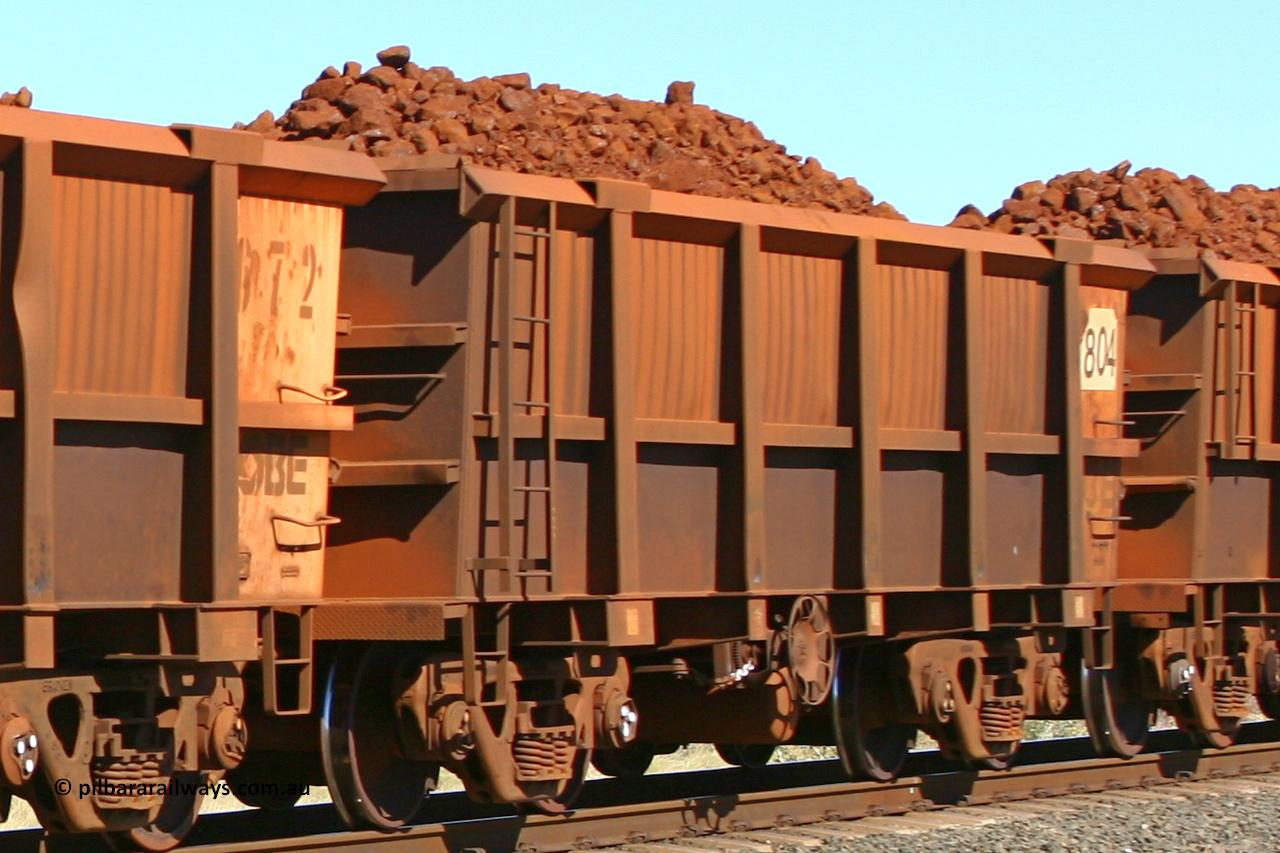 0804 060716 7191
Robe River ore waggon 804, built by Centurion Industries WA, fixed coupler end handbrake side loaded. Western Creek, July 16, 2006.
Keywords: 804;Centurion-Industries-WA;Robe-ore-waggon;