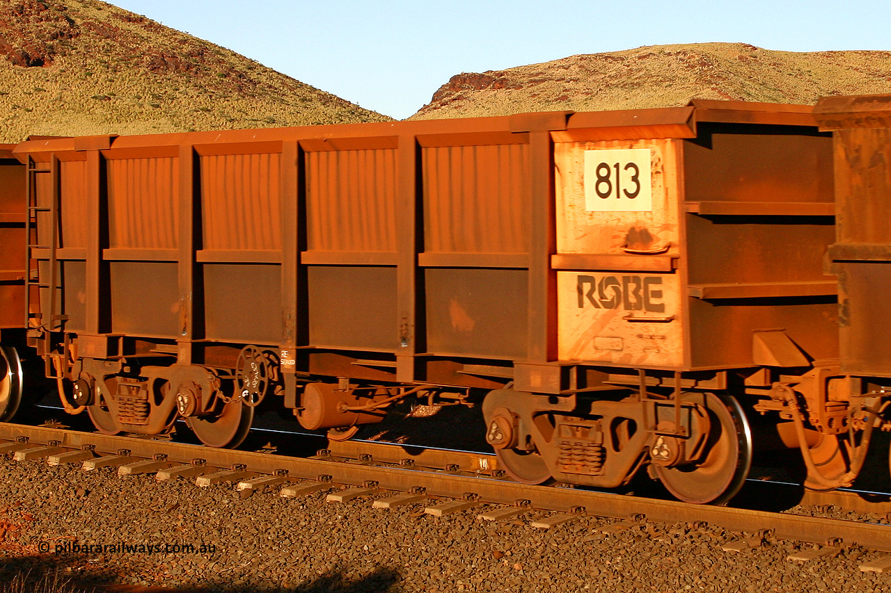 0813 060722 7630
Robe River ore waggon 813, built by Centurion Industries WA, rotary coupler end handbrake side empty view, at the 11.7 km, Cape Lambert. July 22, 2006.
Keywords: 813;Centurion-Industries-WA;Robe-ore-waggon;