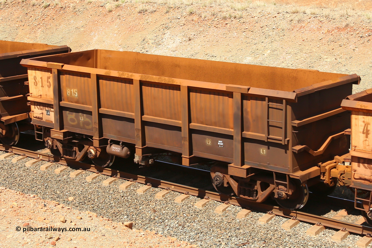 0815 160306 1255
Robe River ore waggon 815, built by Centurion Industries WA, fixed coupler non-handbrake side empty view at Greenpool on the Cape Lambert line. March 6, 2016.
Keywords: 815;Centurion-Industries-WA;Robe-ore-waggon;