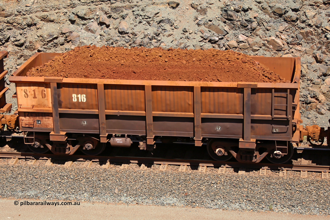 0816 160306 1584
Robe River ore waggon 816, built by Centurion Industries WA, fixed coupler non-handbrake side loaded view, at the 45 km, Harding Siding on the Cape Lambert line. March 6, 2016.
Keywords: 816;Centurion-Industries-WA;Robe-ore-waggon;