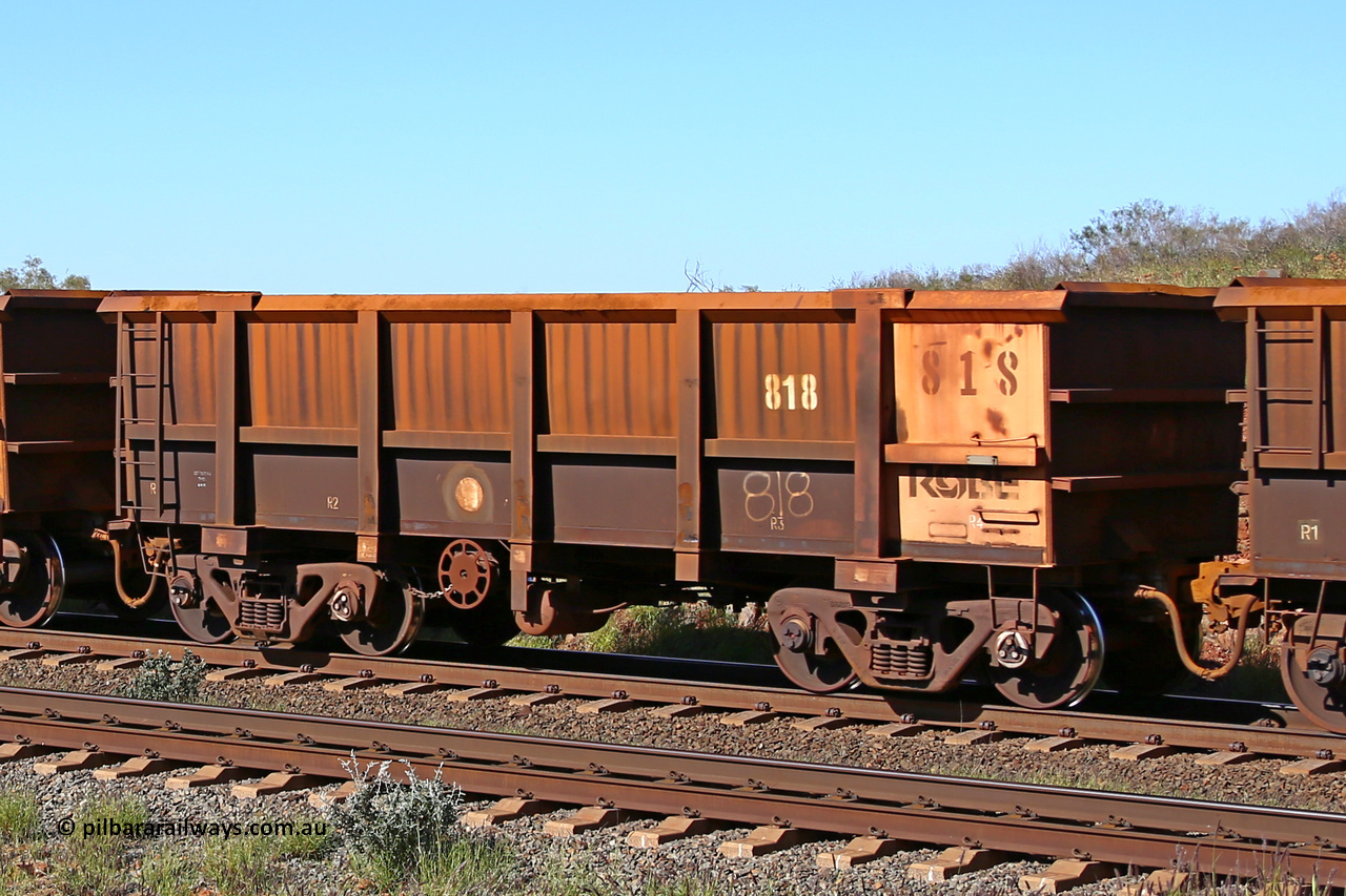 0818 160727 0973
Robe River ore waggon 818, built by Centurion Industries WA, rotary coupler end handbrake side empty view at Harding Siding on the Cape Lambert line, July 27, 2016.
Keywords: 818;Centurion-Industries-WA;Robe-ore-waggon;
