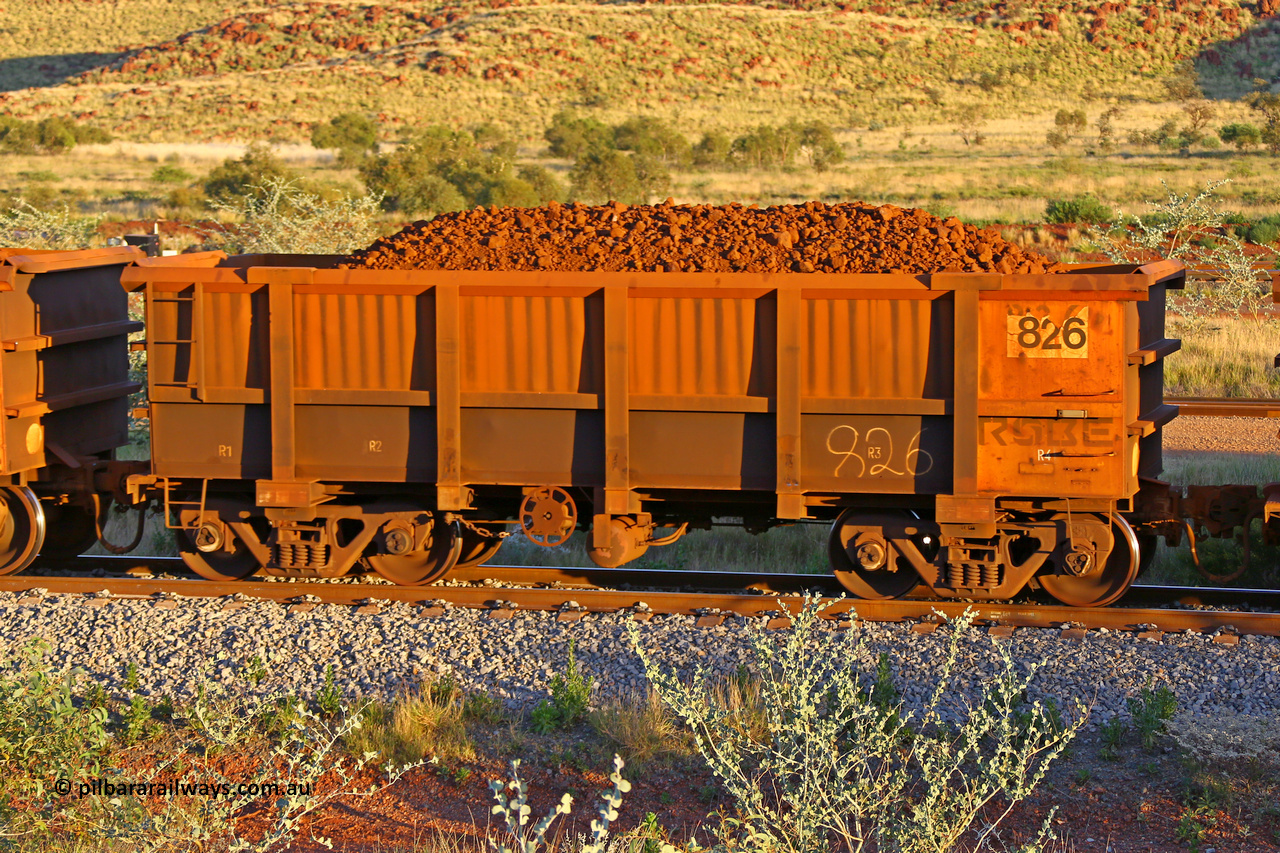 0826 170513 8675
Robe River ore waggon 826, built by Centurion Industries WA, rotary coupler end handbrake side loaded view, Cape Lambert yard, May 13, 2017.
Keywords: 826;Centurion-Industries-WA;Robe-ore-waggon;