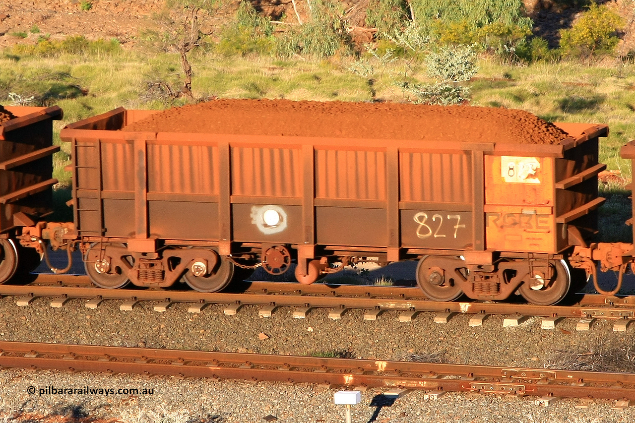 0827 110602 1605
Robe River ore waggon 827, built by Centurion Industries WA, rotary coupler end handbrake side loaded view at the 71 km, Western Creek on the Deepdale line. June 2, 2011.
Keywords: 827;Centurion-Industries-WA;Robe-ore-waggon;