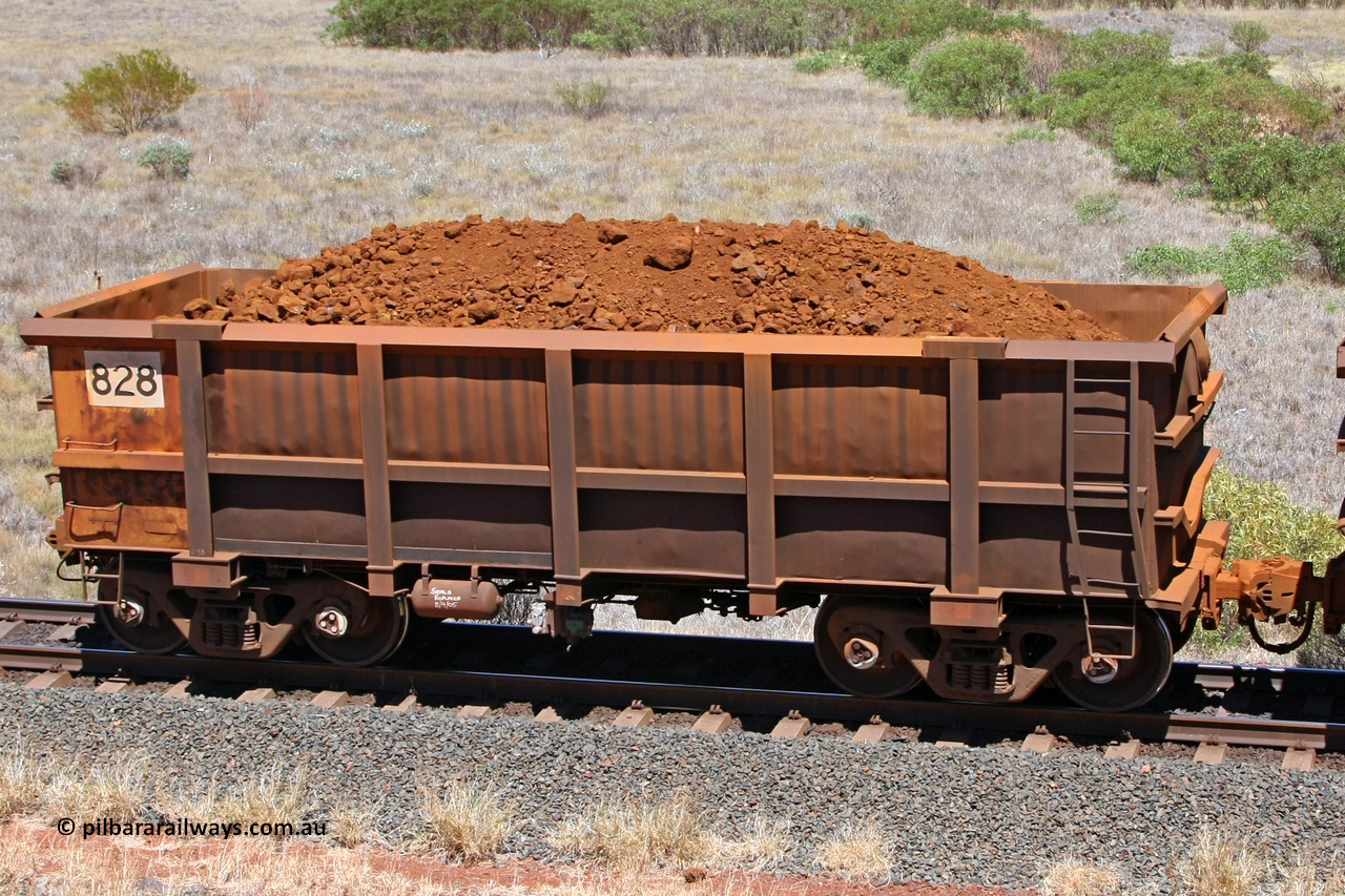 0828 081209 0172
Robe River ore waggon 828, built by Centurion Industries WA, fixed coupler non-handbrake side loaded, end of train, view at the 7 km location just south of Cape Lambert yard. December 9, 2008.
Keywords: 828;Centurion-Industries-WA;Robe-ore-waggon;