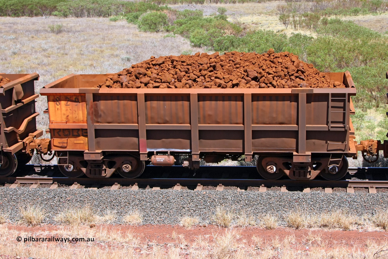 0829 081209 0134
Robe River ore waggon 829, built by Centurion Industries WA, fixed coupler non-handbrake side loaded view at the 7 km location just south of Cape Lambert yard. December 9, 2008.
Keywords: 829;Centurion-Industries-WA;Robe-ore-waggon;