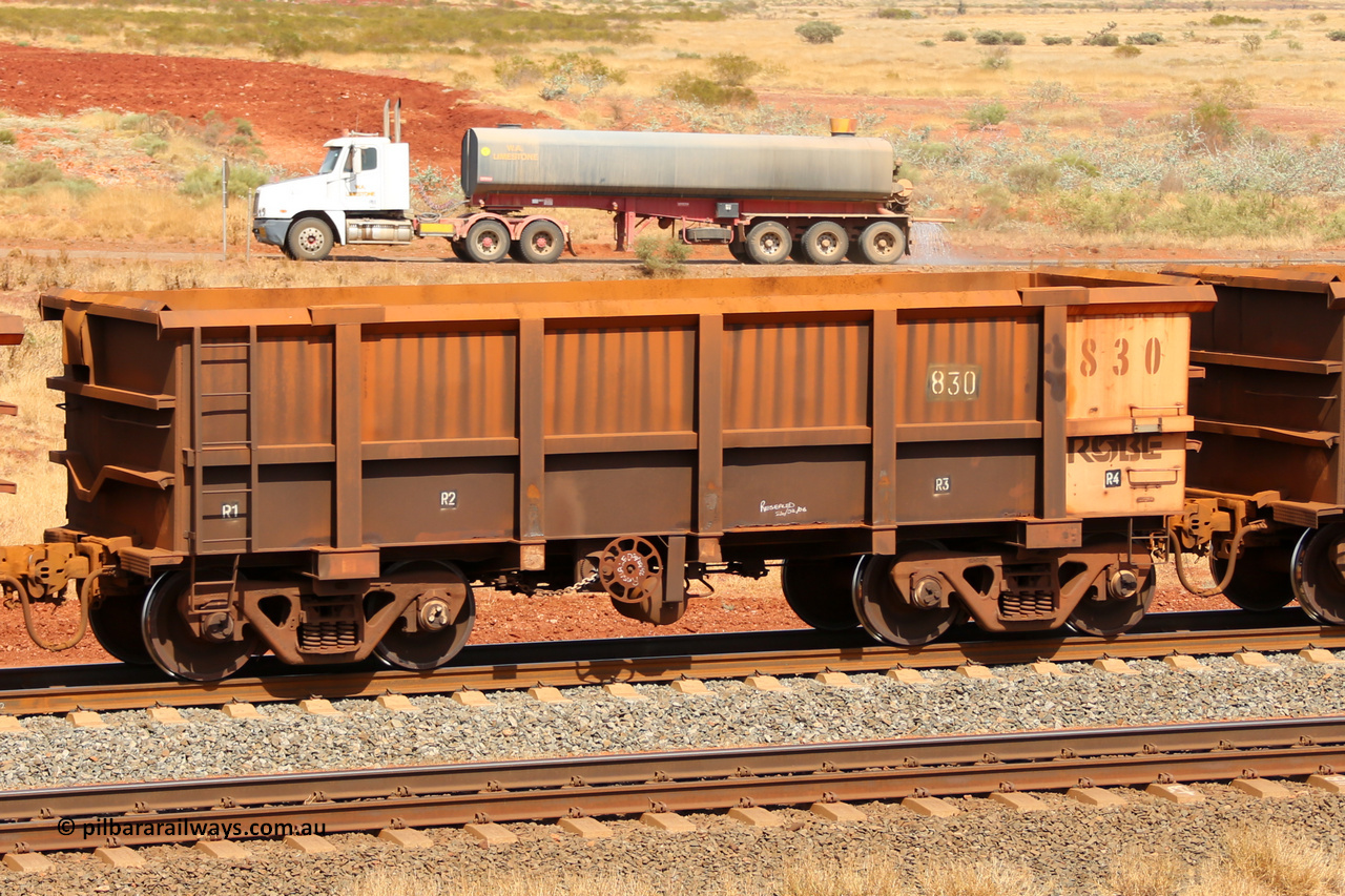 0830 141124 6820
Robe River ore waggon 830, built by Centurion Industries WA, fixed coupler handbrake side empty view at the 25 km at Arches Siding on the Cape Lambert line. November 24, 2014.
Keywords: 830;Centurion-Industries-WA;Robe-ore-waggon;