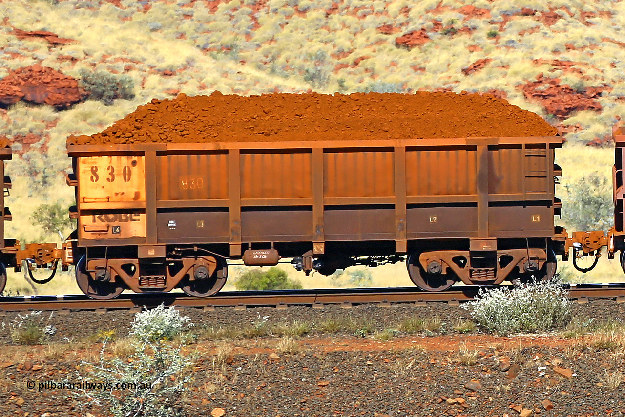 0830 170728 09907
Robe River ore waggon 830, built by Centurion Industries WA, non-handbrake side loaded view at the 72 km, Western Creek on the Deepdale line. July 28, 2017.
Keywords: 830;Centurion-Industries-WA;Robe-ore-waggon;