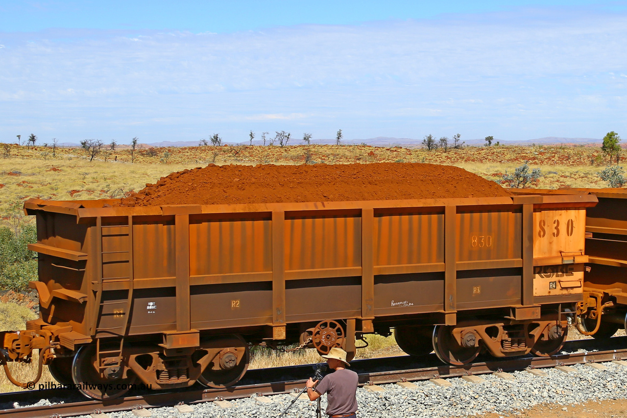 0830 170729 0274
Robe River ore waggon 830, built by Centurion Industries WA, fixed coupler handbrake side loaded view at the 103 km, between Maitland Siding and the Fortescue River on the Deepdale line. July 29, 2017.
Keywords: 830;Centurion-Industries-WA;Robe-ore-waggon;