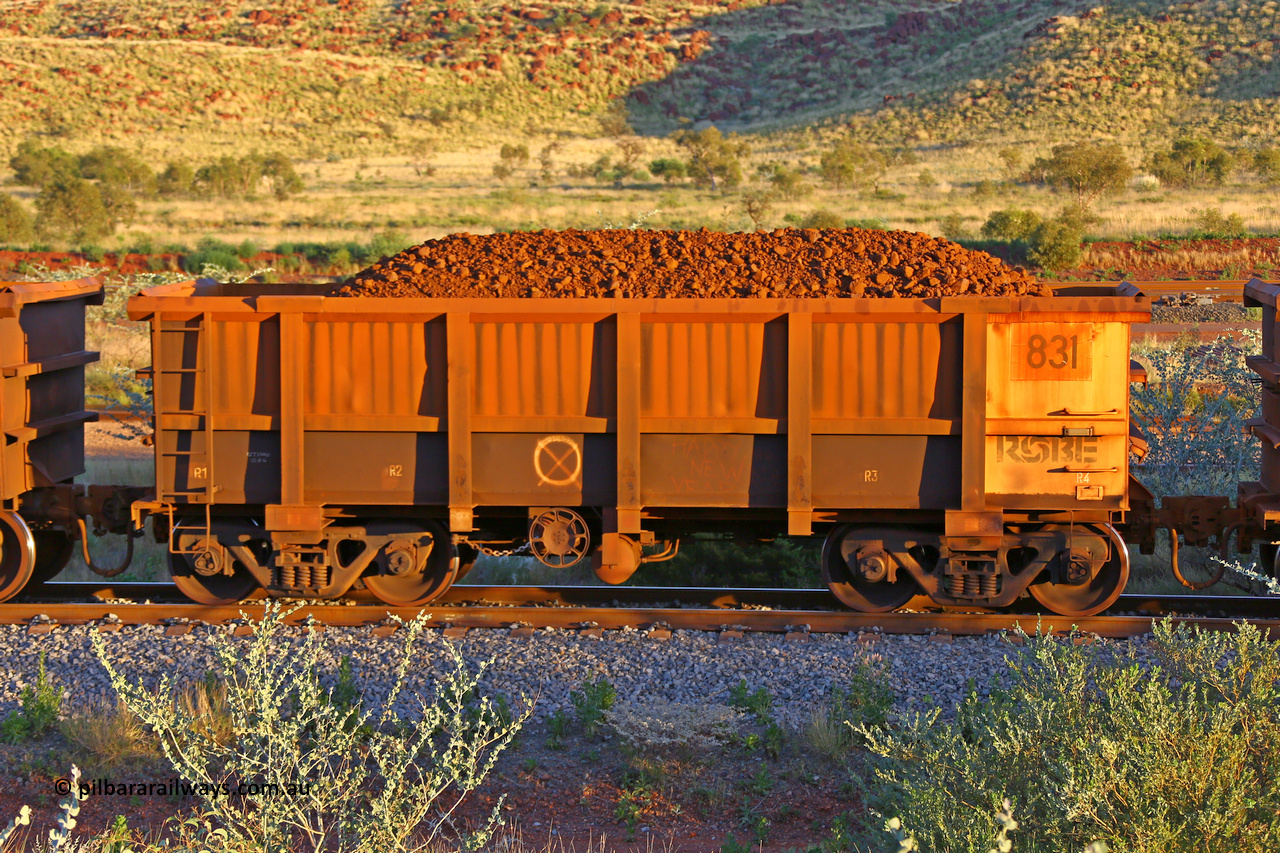 0831 170513 8656
Robe River ore waggon 831, built by Centurion Industries WA, handbrake side loaded view, Cape Lambert yard, May 13, 2017.
Keywords: 831;Centurion-Industries-WA;Robe-ore-waggon;