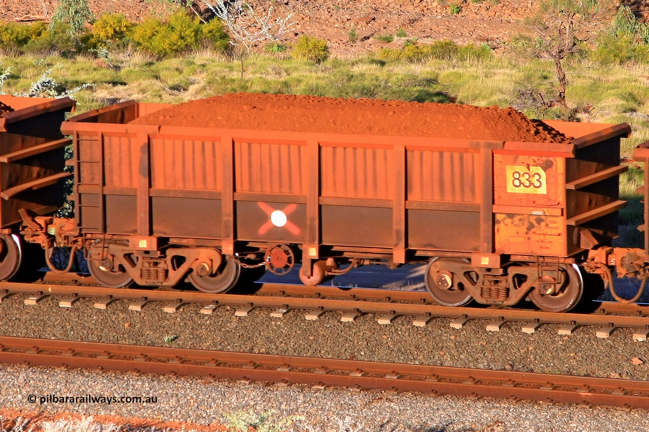 0833 110602 1687
Robe River ore waggon 833, built by Centurion Industries WA, rotary coupler end handbrake side loaded view at the 71 km, Western Creek on the Deepdale line. June 2, 2011.
Keywords: 833;Centurion-Industries-WA;Robe-ore-waggon;