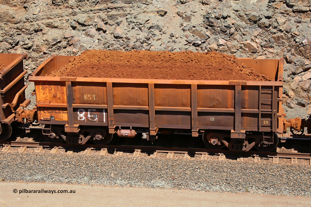 0851 160306 1582
Robe River ore waggon 851, built by Centurion Industries WA, fixed coupler non-handbrake side loaded view, at the 45 km, Harding Siding on the Cape Lambert line. March 6, 2016.
Keywords: 851;Centurion-Industries-WA;Robe-ore-waggon;