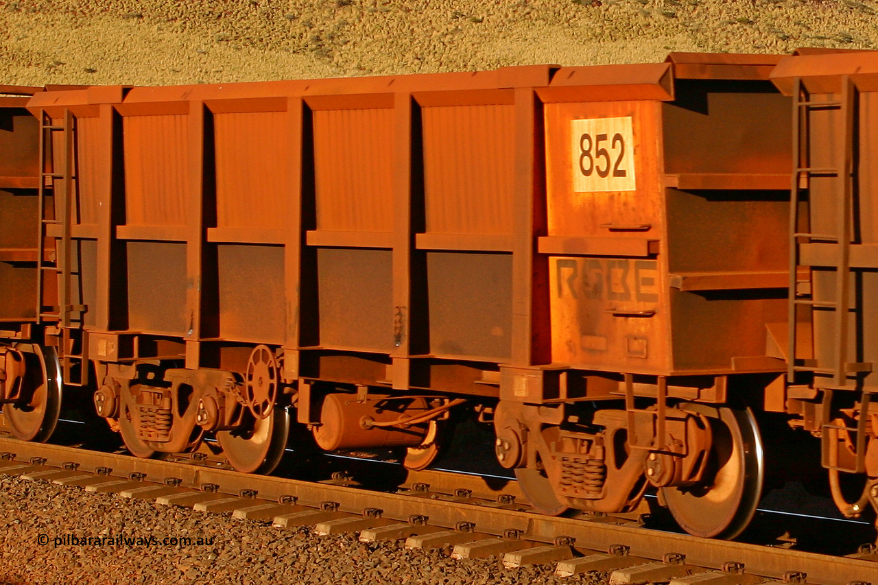 0852 060722 7613
Robe River ore waggon 852, built by Centurion Industries WA, rotary coupler end handbrake side empty view, at the 11.7 km, Cape Lambert. July 22, 2006.
Keywords: 852;Centurion-Industries-WA;Robe-ore-waggon;