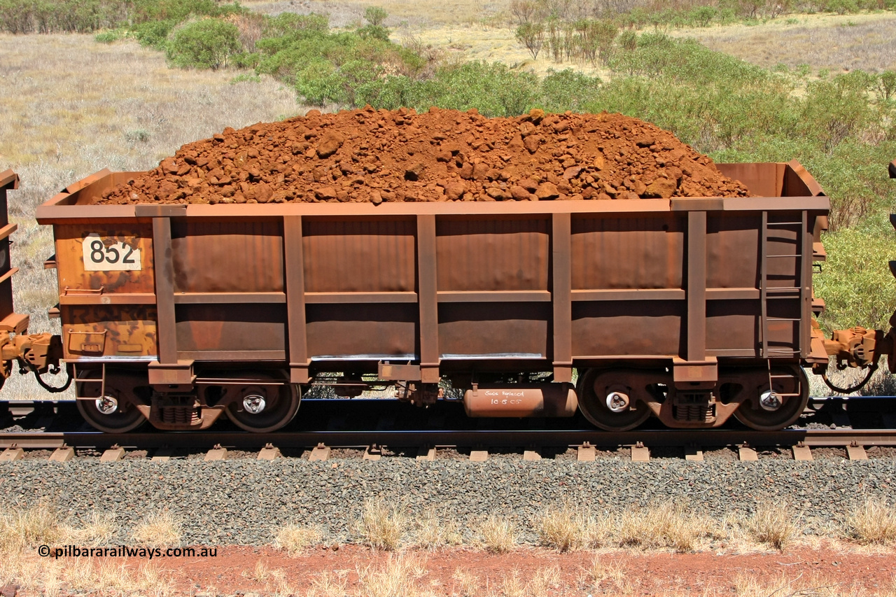 0852 081209 0147
Robe River ore waggon 852, built by Centurion Industries WA, fixed coupler non-handbrake side loaded view at the 7 km location just south of Cape Lambert yard. December 9, 2008.
Keywords: 852;Centurion-Industries-WA;Robe-ore-waggon;