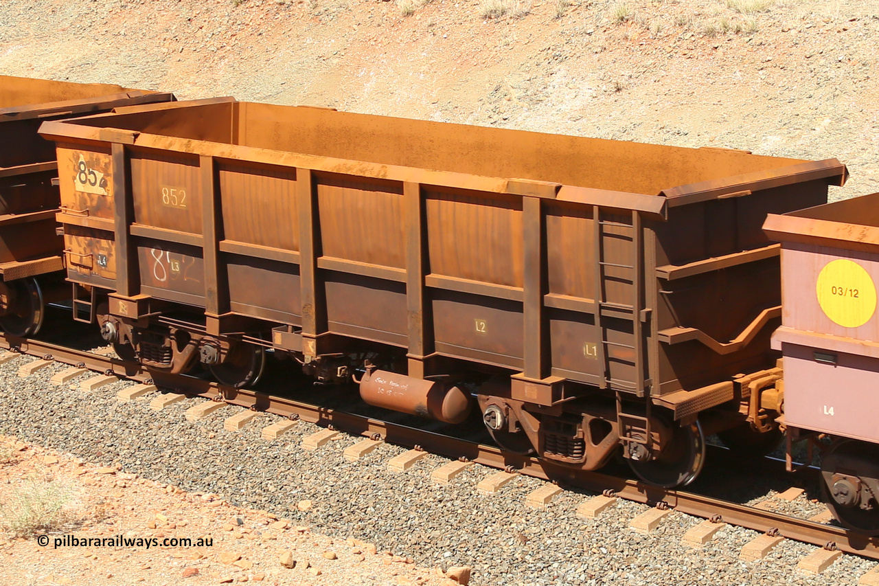 0852 160306 1288
Robe River ore waggon 852, built by Centurion Industries WA, fixed coupler non-handbrake side empty view at Greenpool on the Cape Lambert line. March 6, 2016.
Keywords: 852;Centurion-Industries-WA;Robe-ore-waggon;