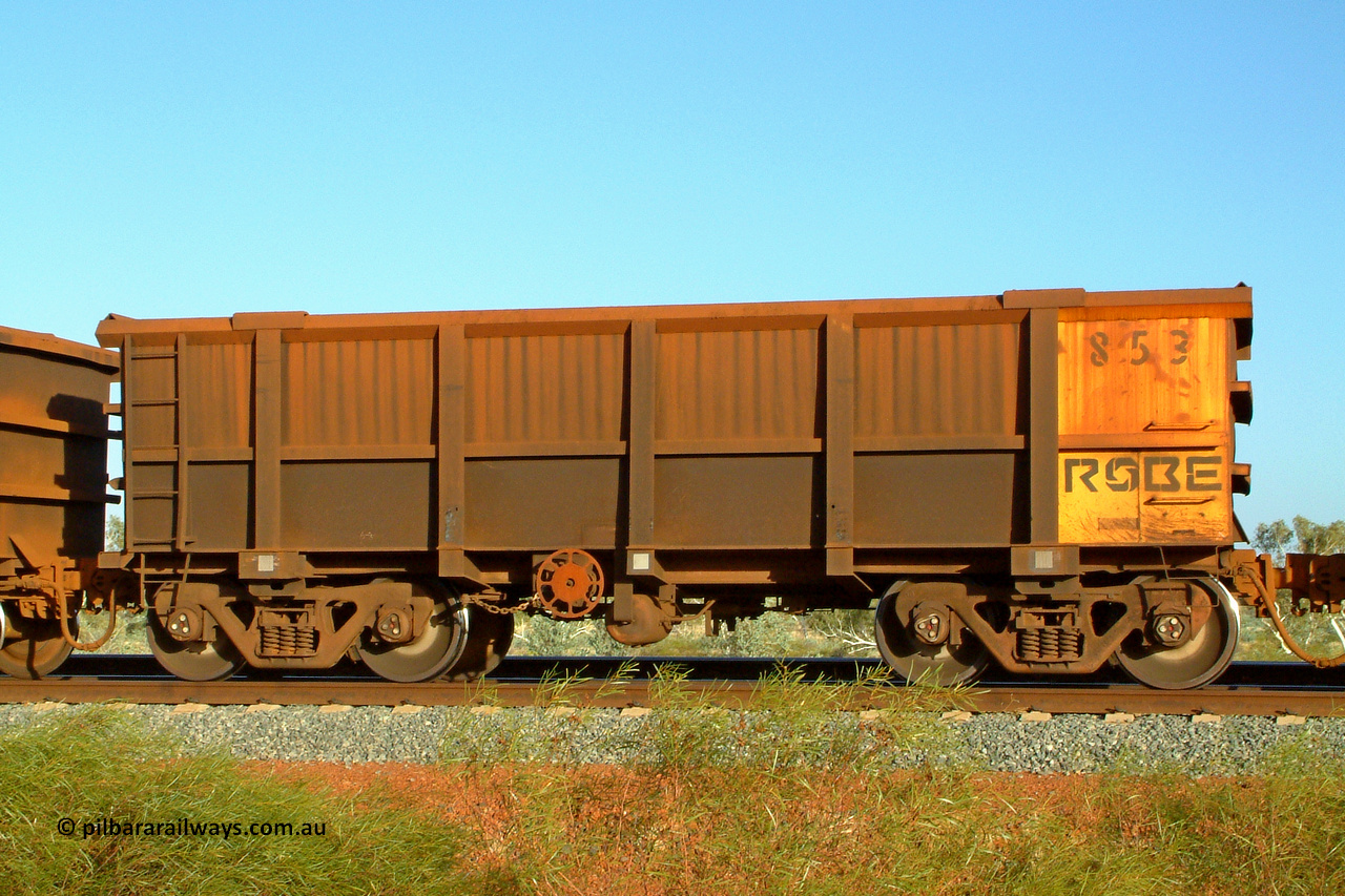 0853 050110 175356
Robe River ore waggon 853, built by Centurion Industries WA, handbrake side view empty. 1753 hours, January 10, 2005.
Keywords: 853;Centurion-Industries-WA;Robe-ore-waggon;