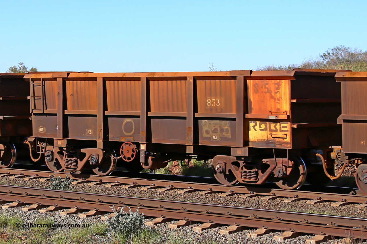 0853 160727 0980
Robe River ore waggon 853, built by Centurion Industries WA, rotary coupler end handbrake side empty view at Harding Siding on the Cape Lambert line, July 27, 2016.
Keywords: 853;Centurion-Industries-WA;Robe-ore-waggon;