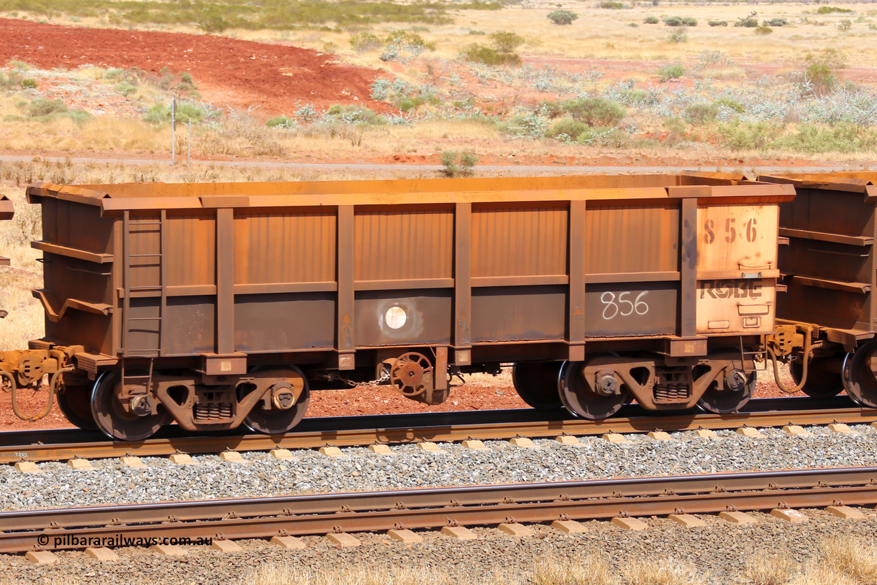 0856 141124 6806
Robe River ore waggon 856, built by Centurion Industries WA, fixed coupler handbrake side empty view at the 25 km at Arches Siding on the Cape Lambert line. November 24, 2014.
Keywords: 856;Centurion-Industries-WA;Robe-ore-waggon;