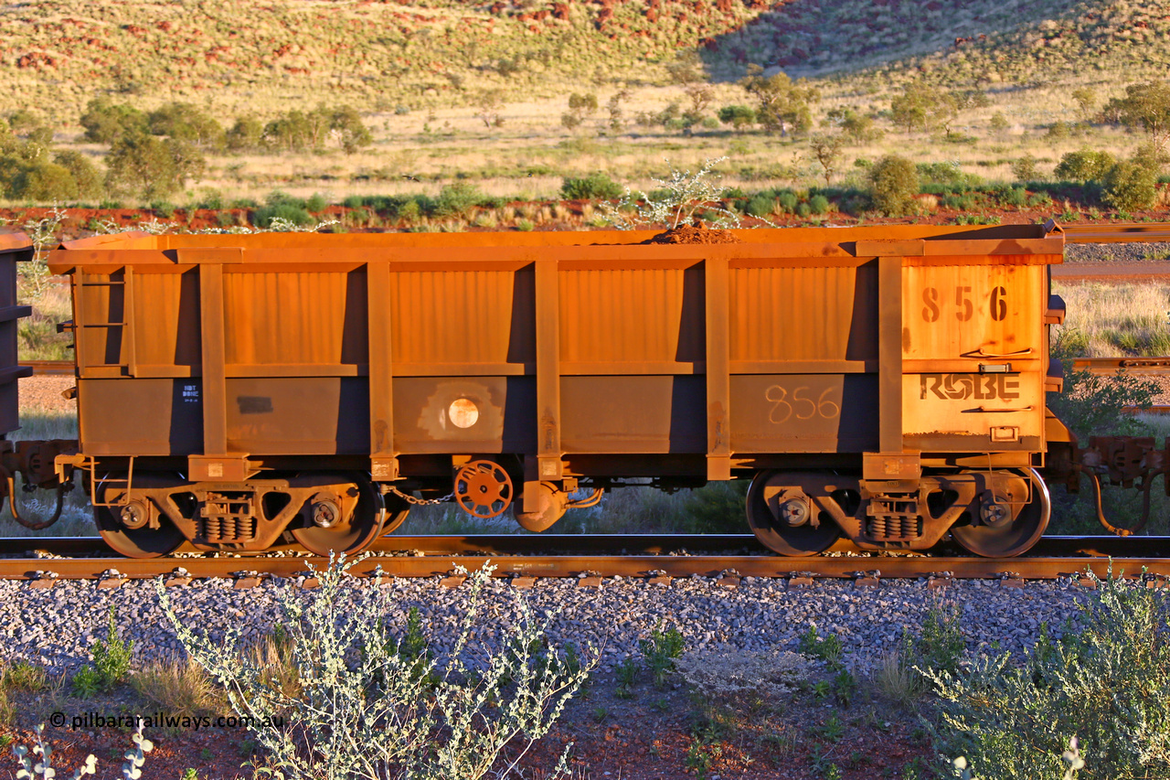 0856 170513 8763
Robe River ore waggon 856, built by Centurion Industries WA, handbrake side loaded view, Cape Lambert yard, May 13, 2017.
Keywords: 856;Centurion-Industries-WA;Robe-ore-waggon;