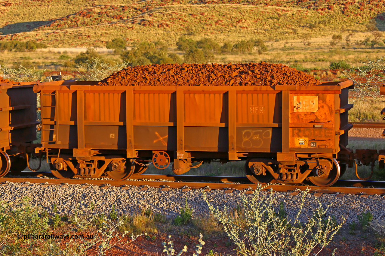 0859 170513 8643
Robe River ore waggon 859, built by Centurion Industries WA, rotary coupler end handbrake side loaded view, Cape Lambert yard, May 13, 2017.
Keywords: 859;Centurion-Industries-WA;Robe-ore-waggon;
