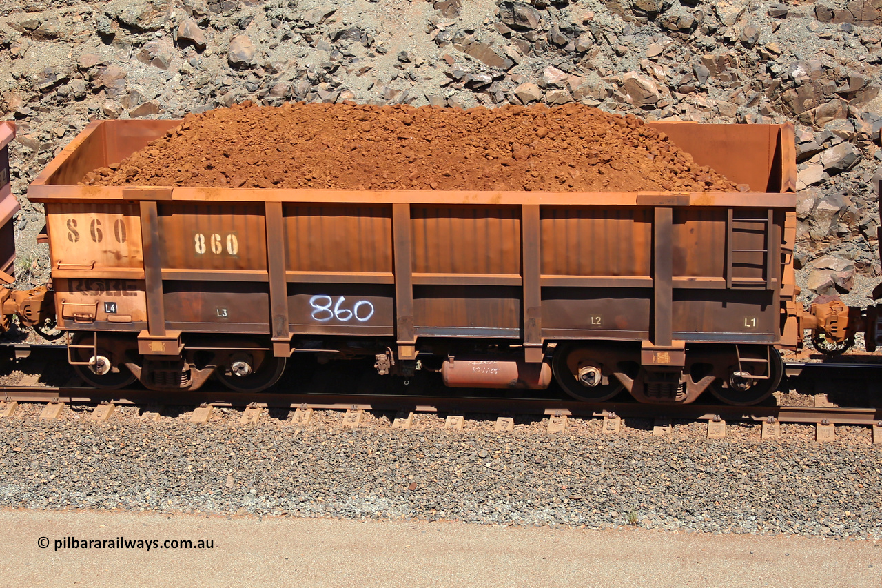 0860 160306 1525
Robe River ore waggon 860, built by Centurion Industries WA, fixed coupler non-handbrake side loaded view, at the 45 km, Harding Siding on the Cape Lambert line. March 6, 2016.
Keywords: 860;Centurion-Industries-WA;Robe-ore-waggon;