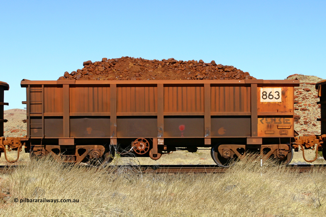 0863 060722 7500
Robe River ore waggon 863, built by Centurion Industries WA, handbrake side loaded view at the 78.8 km between Western Creek and Maitland on the Deepdale line. July 22, 2006.
Keywords: 863;Centurion-Industries-WA;Robe-ore-waggon;