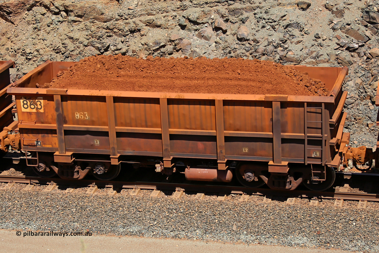 0863 160306 1626
Robe River ore waggon 863, built by Centurion Industries WA, fixed coupler non-handbrake side loaded view, at the 45 km, Harding Siding on the Cape Lambert line. March 6, 2016.
Keywords: 863;Centurion-Industries-WA;Robe-ore-waggon;
