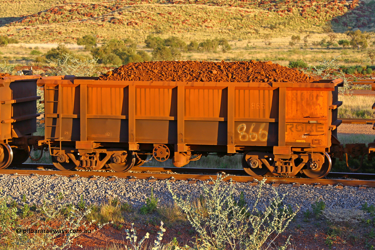 0866 170513 8668
Robe River ore waggon 866, built by Centurion Industries WA, handbrake side loaded view, Cape Lambert yard, May 13, 2017.
Keywords: 866;Centurion-Industries-WA;Robe-ore-waggon;