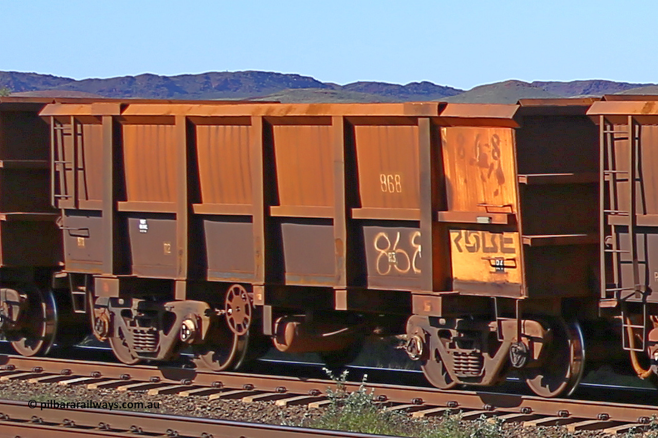 0868 160727 0975
Robe River ore waggon 868, built by Centurion Industries WA, rotary coupler end handbrake side empty view at Harding Siding on the Cape Lambert line, July 27, 2016.
Keywords: 868;Centurion-Industries-WA;Robe-ore-waggon;