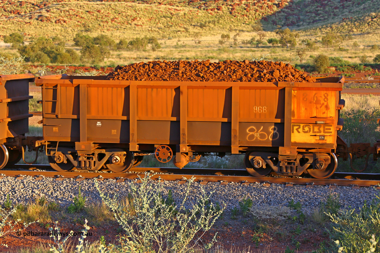 0868 170513 8700
Robe River ore waggon 868, built by Centurion Industries WA, handbrake side loaded view, Cape Lambert yard, May 13, 2017.
Keywords: 868;Centurion-Industries-WA;Robe-ore-waggon;