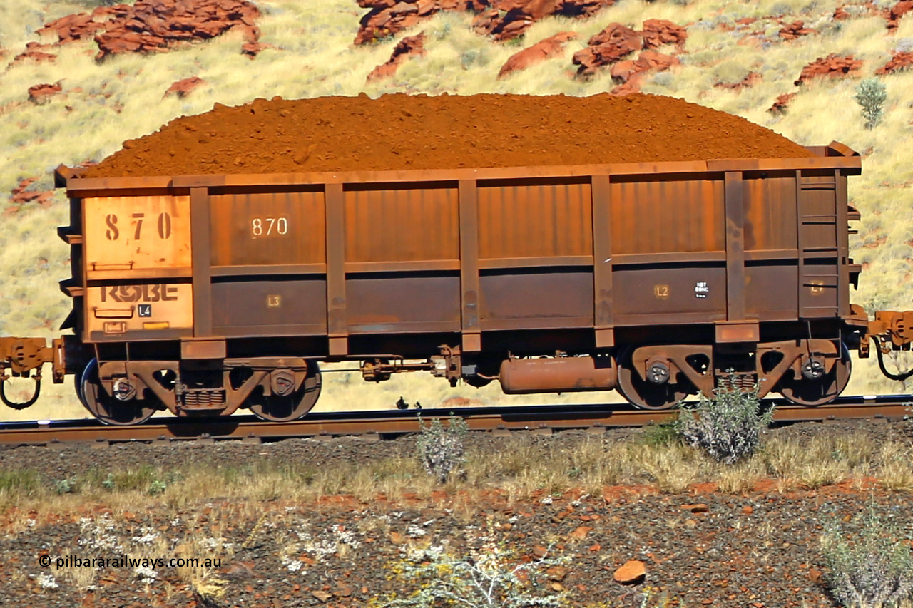 0870 170728 09935
Robe River ore waggon 870, built by Centurion Industries WA, non-handbrake side loaded view at the 72 km, Western Creek on the Deepdale line. July 28, 2017.
Keywords: 870;Centurion-Industries-WA;Robe-ore-waggon;