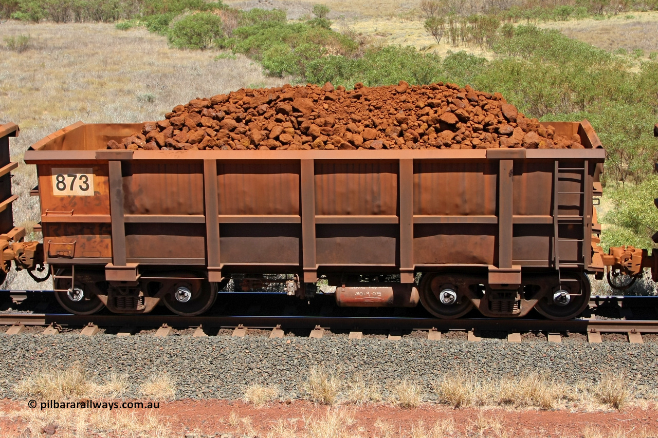 0873 081209 0135
Robe River ore waggon 873, built by Centurion Industries WA,non-handbrake side loaded view at the 7 km location just south of Cape Lambert yard. December 9, 2008.
Keywords: 873;Centurion-Industries-WA;Robe-ore-waggon;