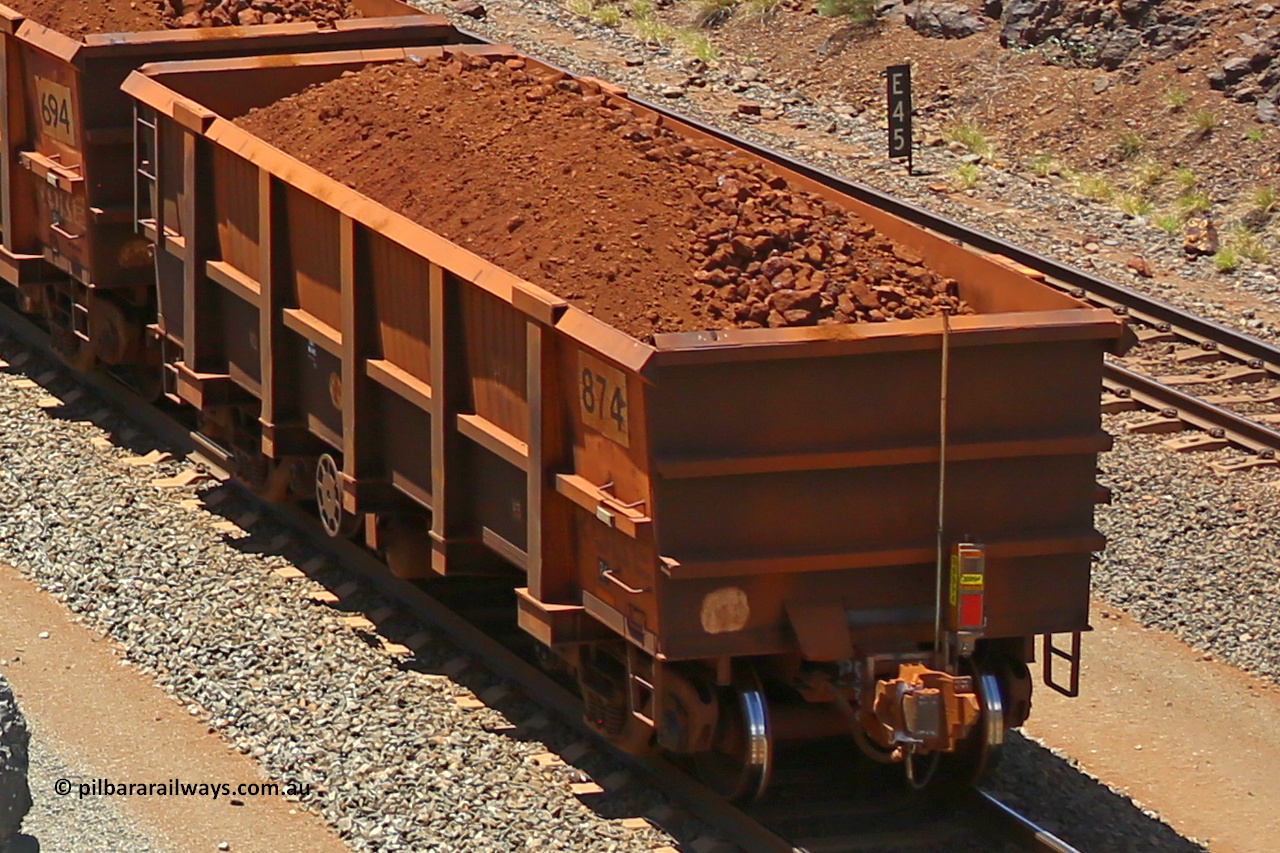 0874 160306 1496
Robe River ore waggon 874, built by Centurion Industries WA, rotary coupler end handbrake side loaded end of train view, at the 45 km, Harding Siding on the Cape Lambert line. March 6, 2016.
Keywords: 874;Centurion-Industries-WA;Robe-ore-waggon;