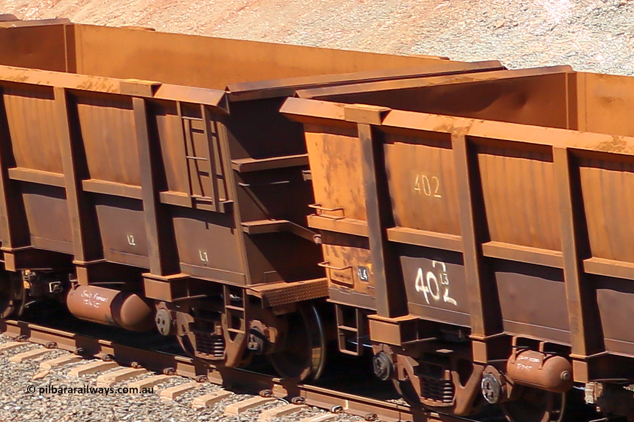 0876 160306 1347
Robe River ore waggon 876, built by Centurion Industries WA, fixed coupler non-handbrake side empty partial view, shows drop rib detail and 402 rotary pnael end, at Greenpool on the Cape Lambert line. March 6, 2016.
Keywords: 876;Centurion-Industries-WA;Robe-ore-waggon;