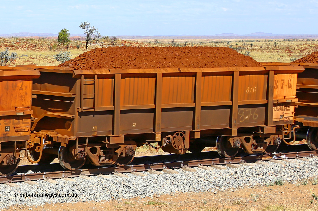 0876 170729 0233
Robe River ore waggon 876, built by Centurion Industries WA, fixed coupler handbrake side loaded view at the 103 km, between Maitland Siding and the Fortescue River on the Deepdale line. July 29, 2017.
Keywords: 876;Centurion-Industries-WA;Robe-ore-waggon;