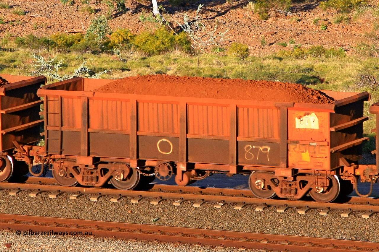 0879 110602 1715
Robe River ore waggon 879, built by Centurion Industries WA, rotary coupler end handbrake side loaded view at the 71 km, Western Creek on the Deepdale line. June 2, 2011.
Keywords: 879;Centurion-Industries-WA;Robe-ore-waggon;