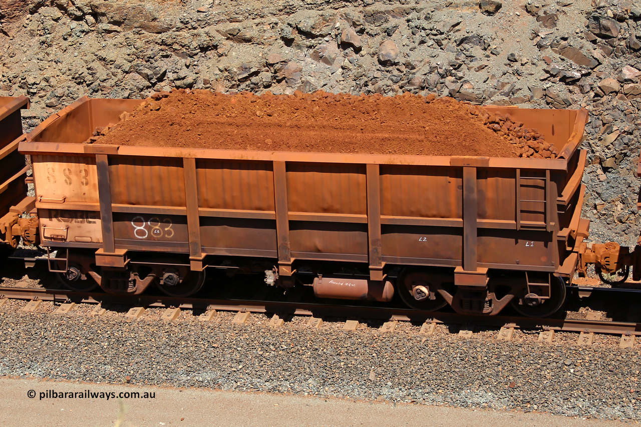 0883 160306 1636
Robe River ore waggon 883, built by Centurion Industries WA, fixed coupler non-handbrake side loaded view, at the 45 km, Harding Siding on the Cape Lambert line. March 6, 2016.
Keywords: 883;Centurion-Industries-WA;Robe-ore-waggon;